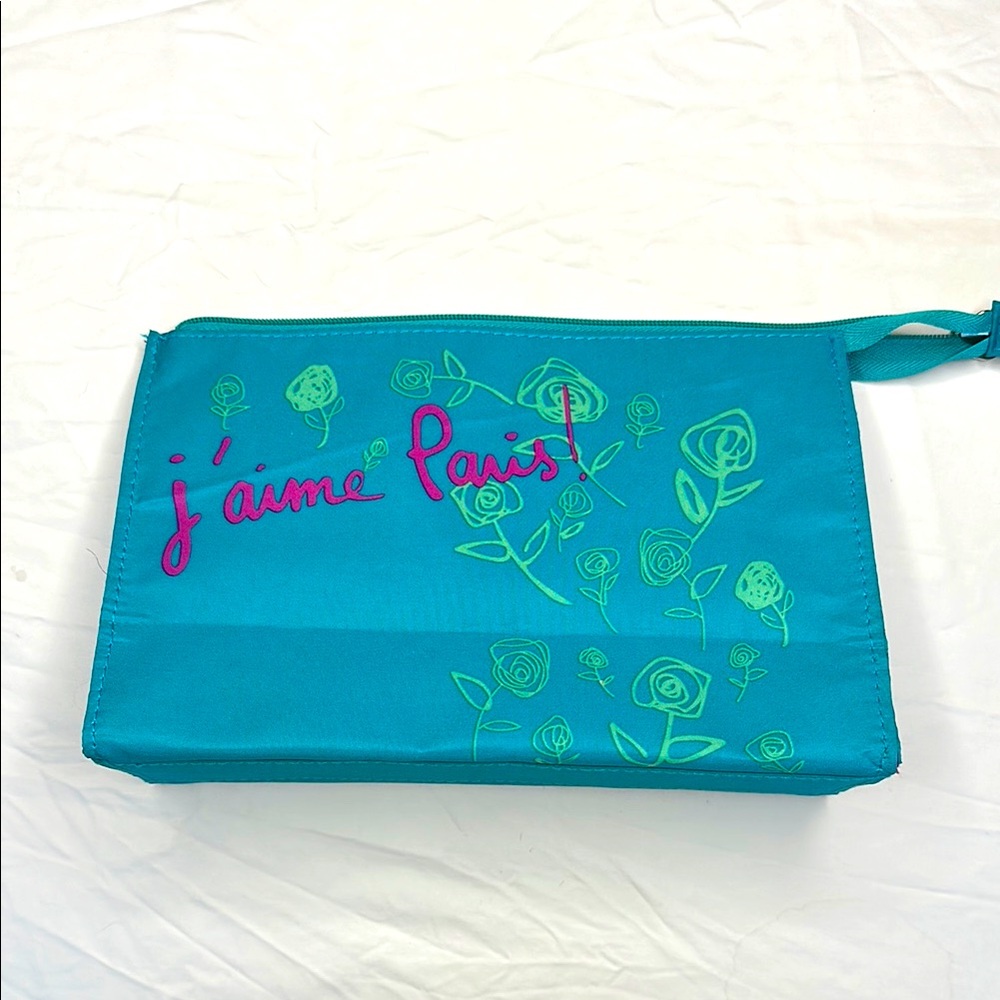 Lancôme Pink and Blue Floral Cosmetic Bag with Paris Text. 9” long x 6” tall.